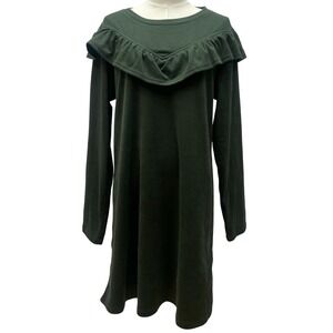 Green Ruffle Dress Women's L Long Sleeve Swing Tunic Bateau Neck